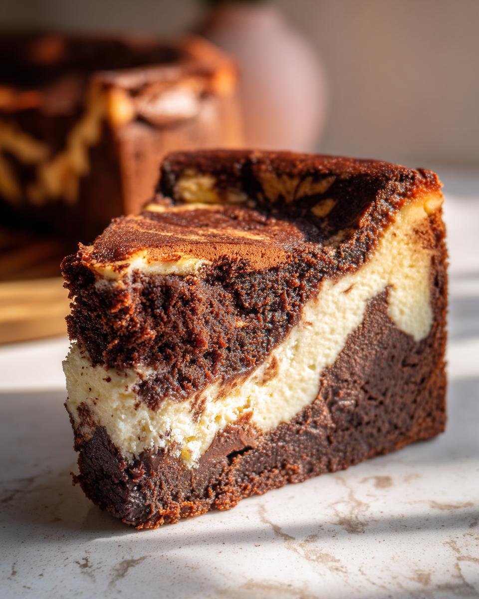 Gros plan d'une tranche de Schoko-Gugelhupf Cheesecake, avec des tourbillons de chocolat et de fromage crémeux.