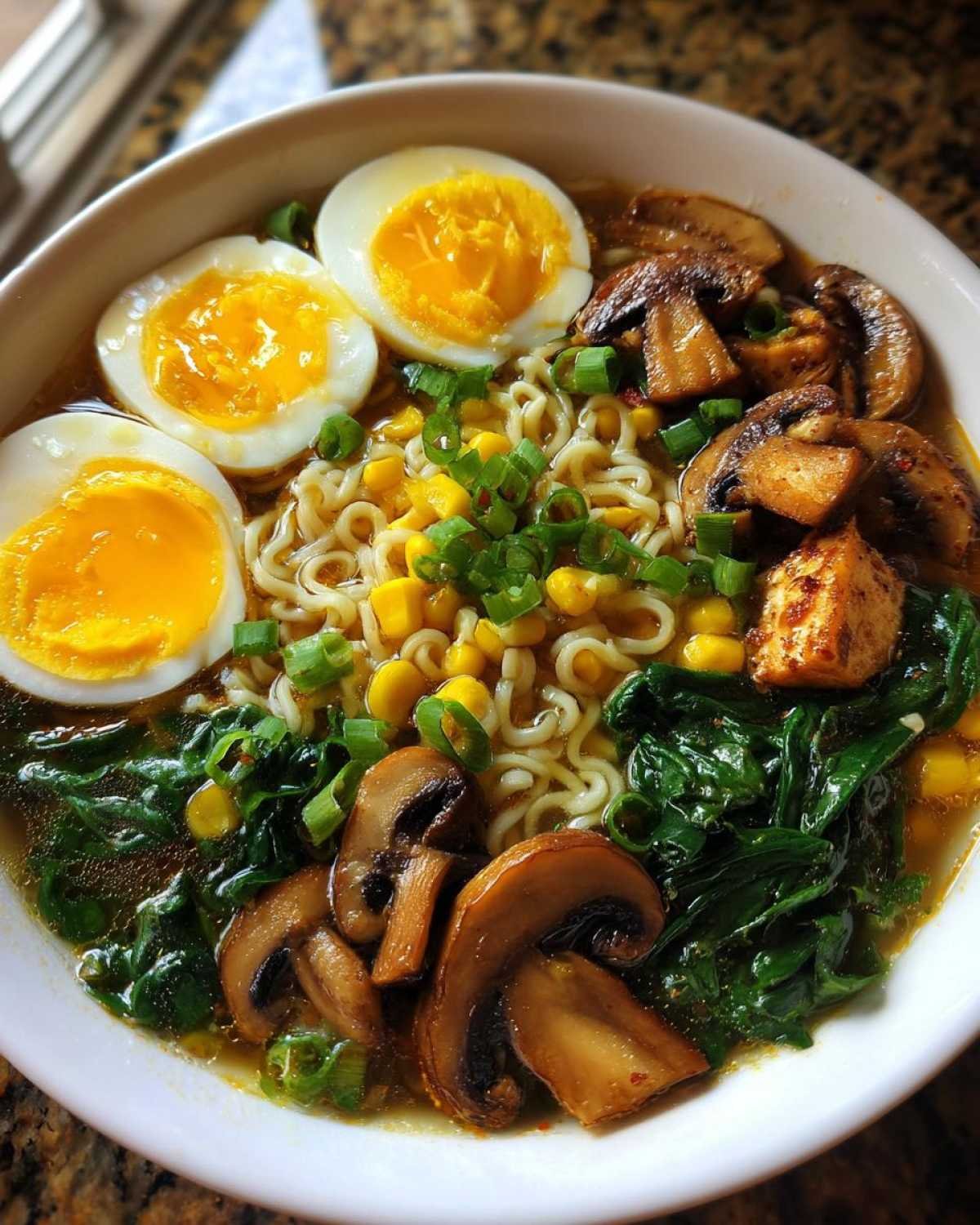 Gros plan sur une Soupe de Nouilles Ramen Facile garnie d'œufs mollets, de maïs, de champignons et d'épinards.