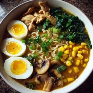 Gros plan sur une soupe de nouilles ramen facile, garnie d'œufs mollets, de poulet, de maïs, de champignons et d'épinards.