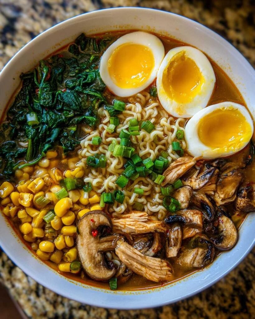 Gros plan sur un bol de Soupe Ramen Facile, garni d'œufs mollets, de maïs, d'épinards, de champignons et de poulet effiloché.
