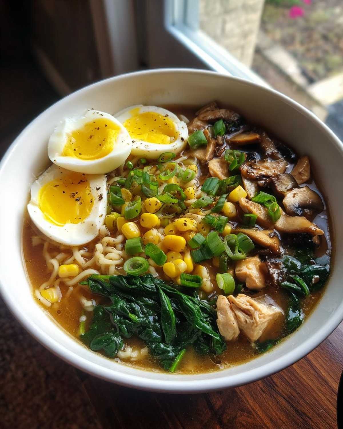 Bol de soupe ramen facile garni d'œufs mollets, maïs, épinards, champignons et poulet.