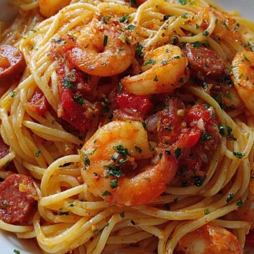 Spaghetti chorizo crevettes servis dans une assiette blanche
