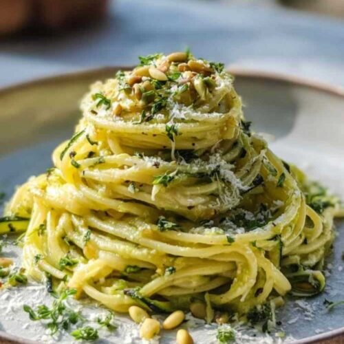 Spaghetti crème courgette onctueux avec parmesan et basilic sur assiette blanche