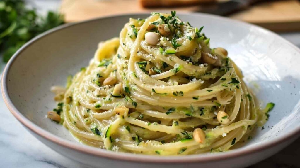 Assiette de spaghetti crème courgette avec parmesan râpé et basilic frais