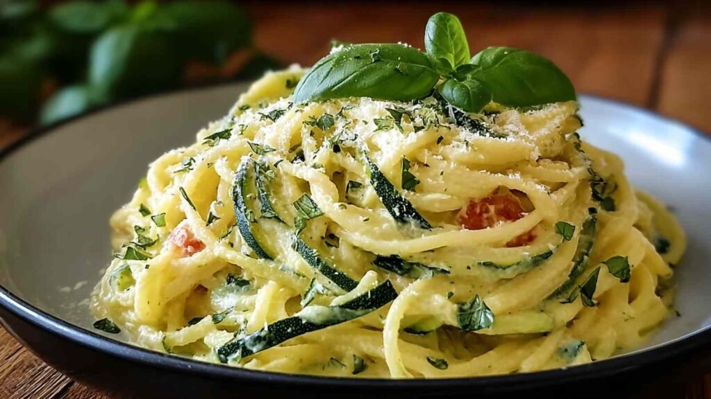 Spaghetti crème courgette onctueux garni de parmesan et basilic frais
