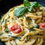 Assiette de spaghetti crème courgette garnie de basilic frais