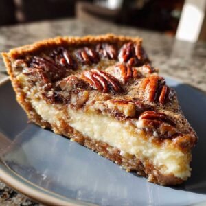 Gros plan d'une tranche de tarte pécan keto sans cuisson sur une assiette bleue, garnie de noix de pécan caramélisées.