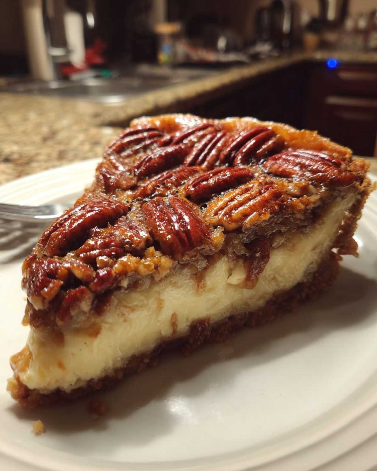 Gros plan d'une tranche de tarte pécan keto sans cuisson, avec une garniture généreuse de noix de pécan caramélisées sur un crémeux.