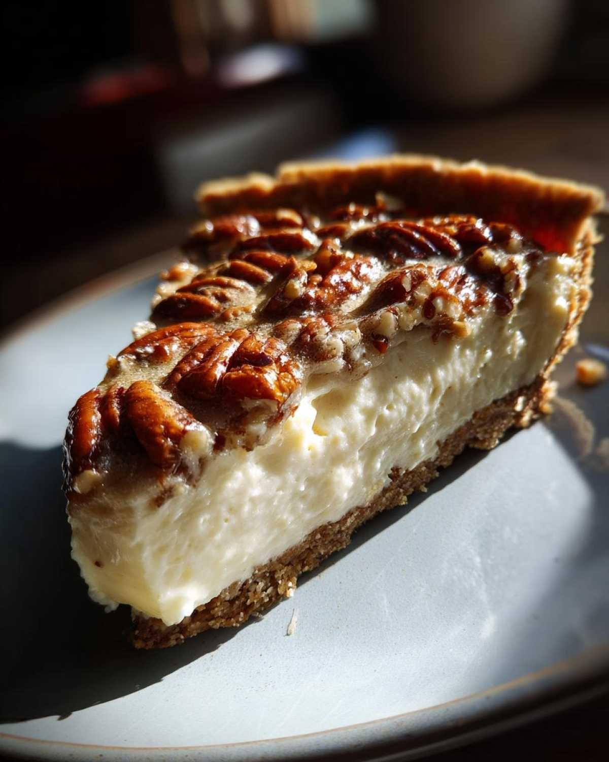 Gros plan d'une tranche de tarte pécan keto sans cuisson sur une assiette bleue, garnie de noix de pécan caramélisées.