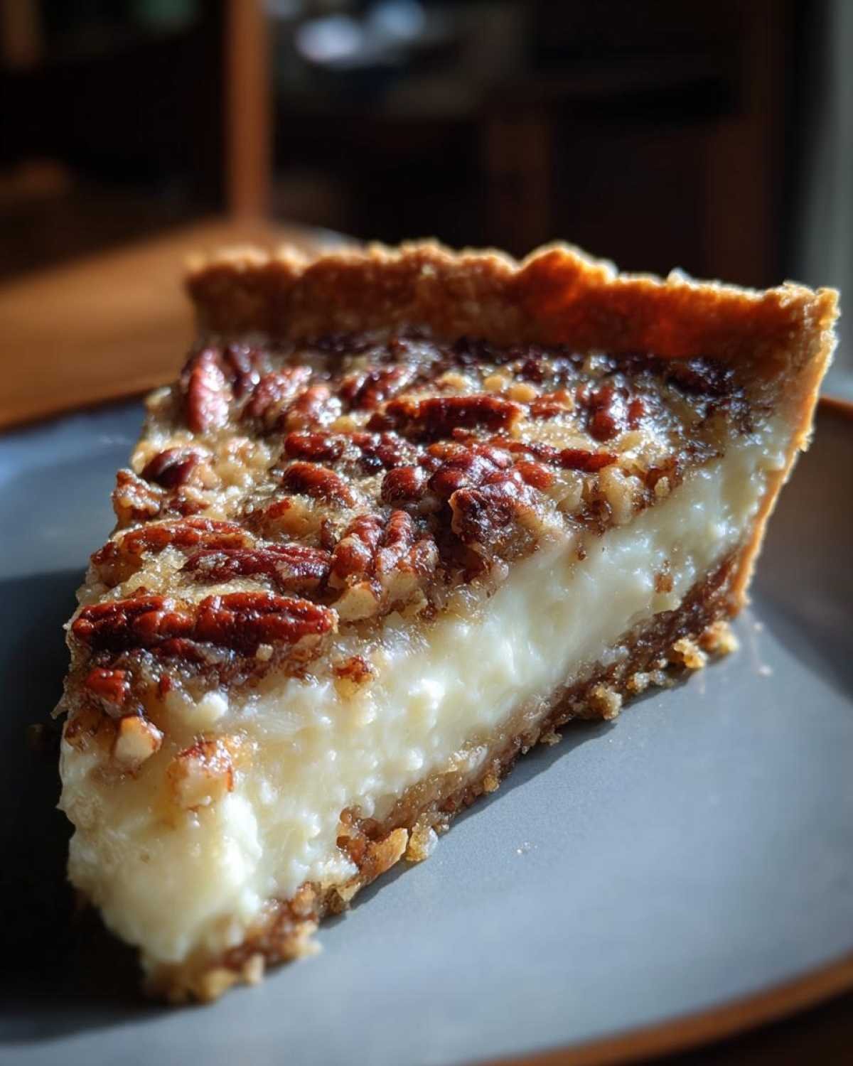 Gros plan d'une tranche de tarte pécan keto sans cuisson sur une assiette grise, avec une garniture aux noix de pécan caramélisées.