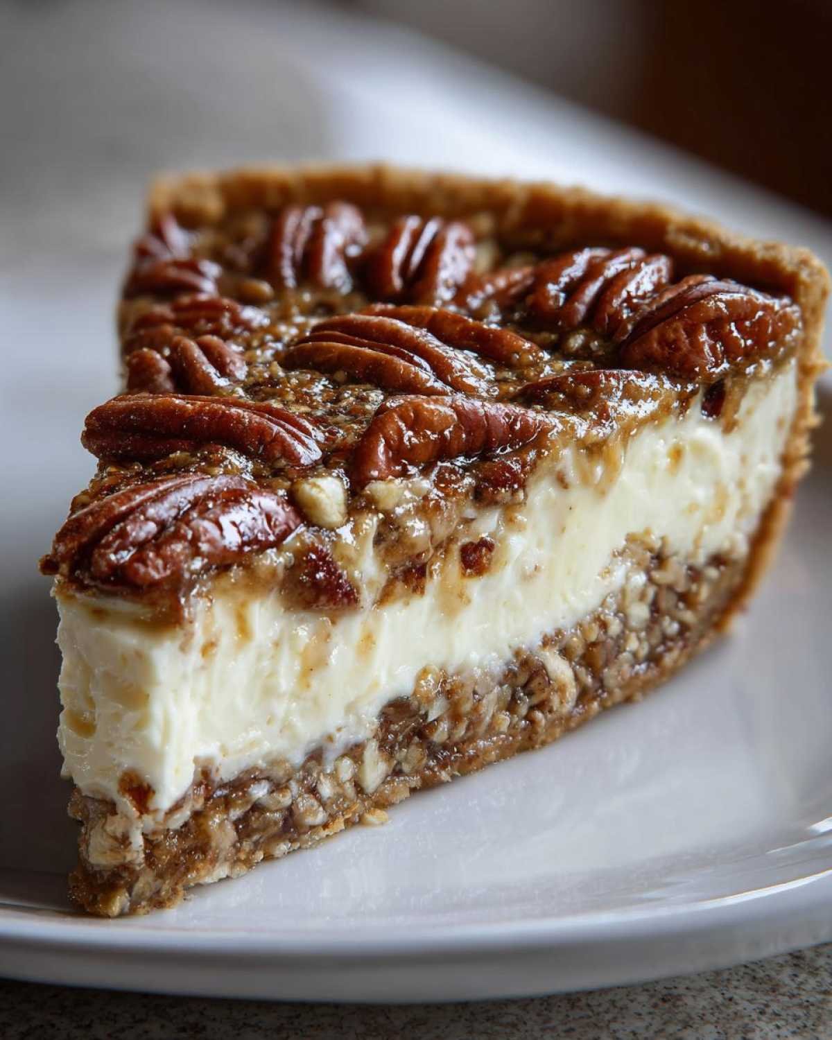 Gros plan d'une tranche de tarte pécan keto sans cuisson sur une assiette blanche, avec une garniture aux noix et une base croquante.