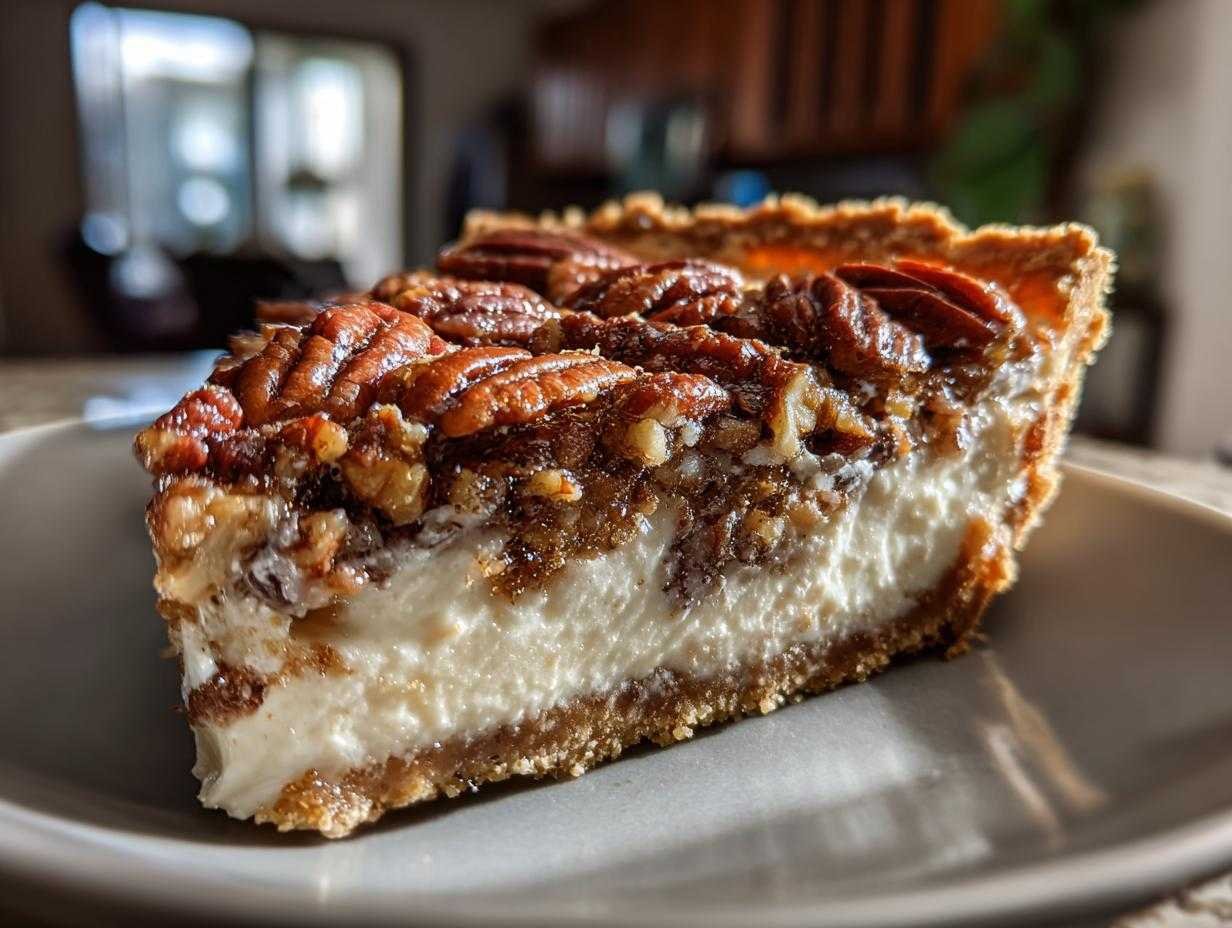 Gros plan d'une tranche de tarte pécan keto sans cuisson, avec une garniture crémeuse et des noix de pécan caramélisées.