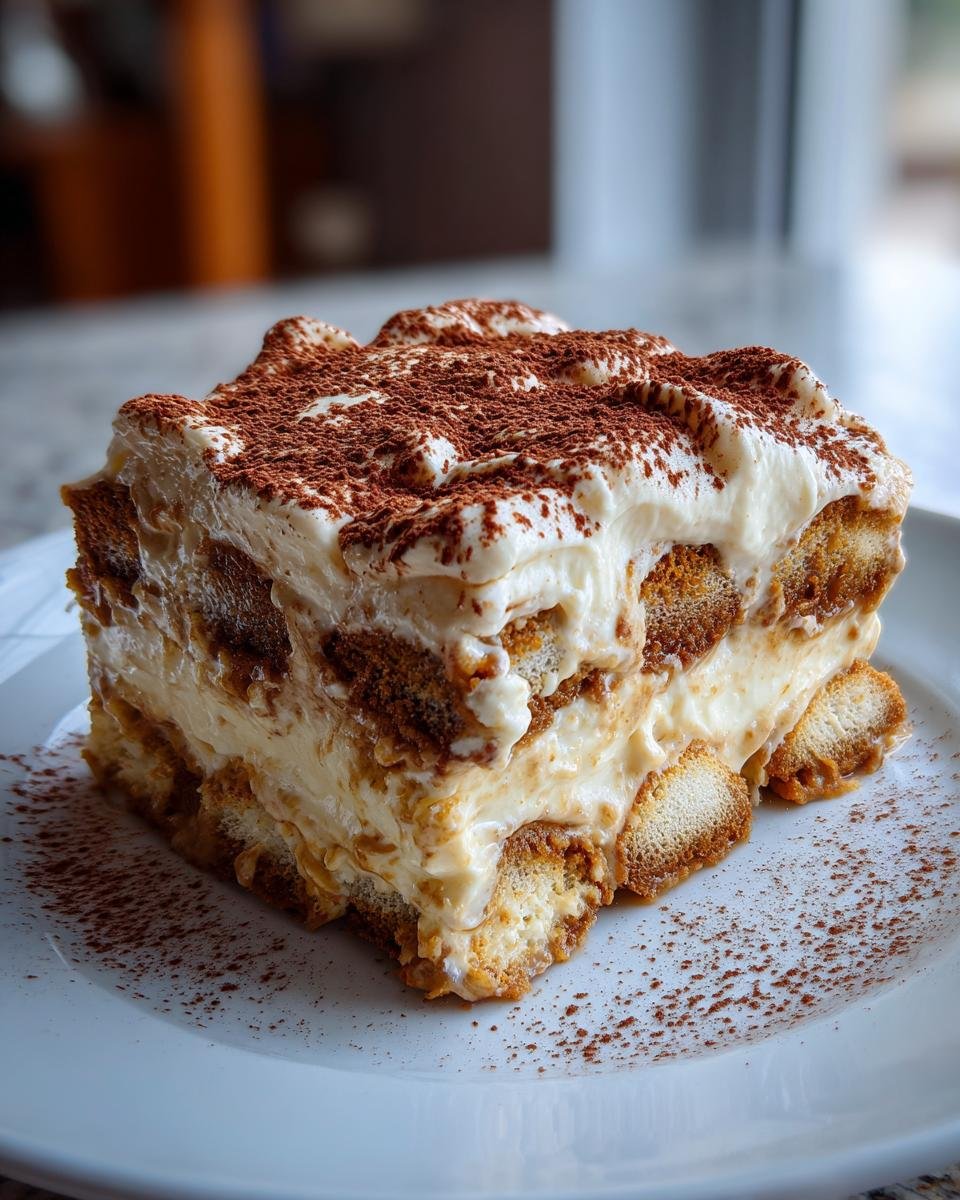 Gros plan d'une part de Tiramisu Biscoff crémeux, saupoudré de cacao.