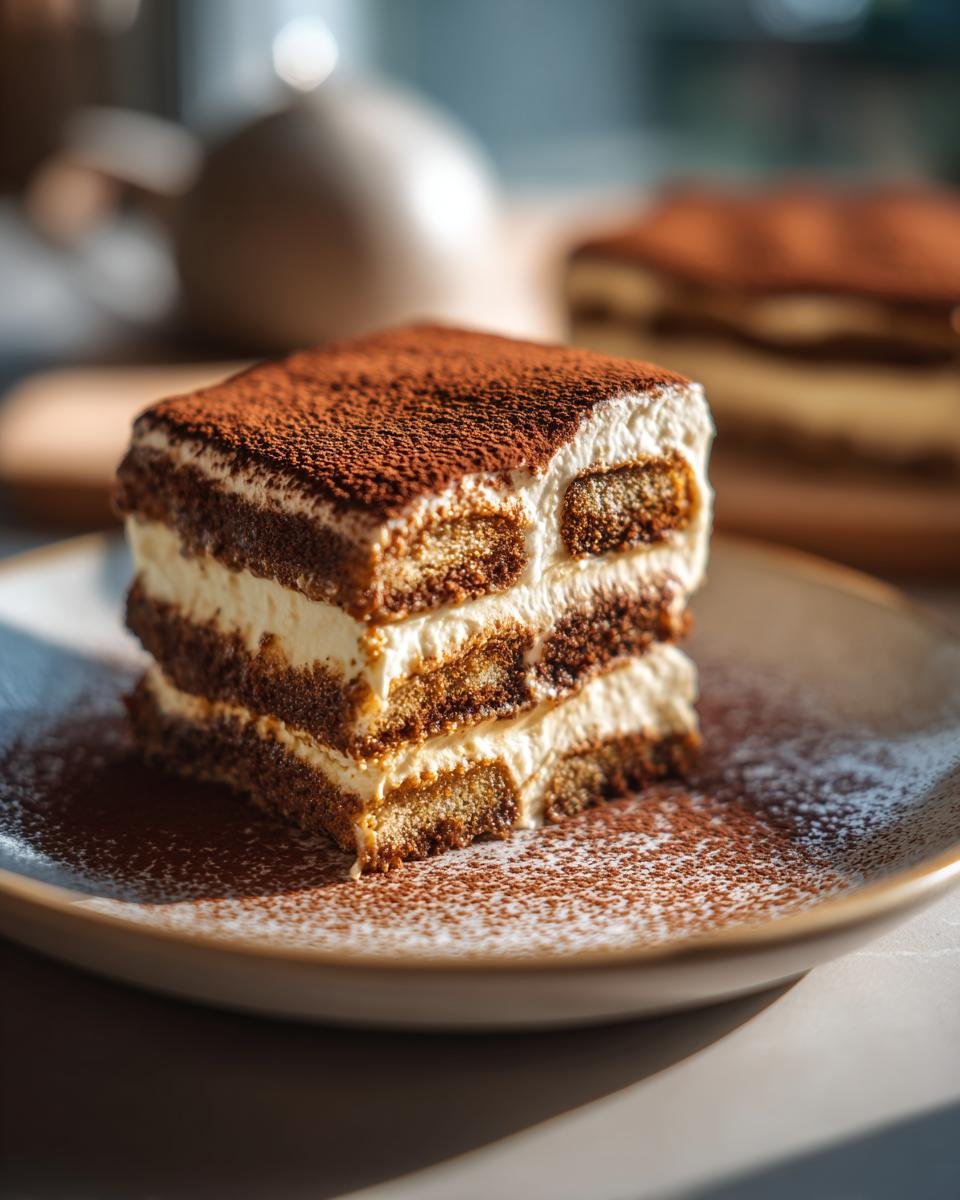 Gros plan d'une part de Tiramisu Biscoff crémeux et aérien, saupoudrée de cacao.