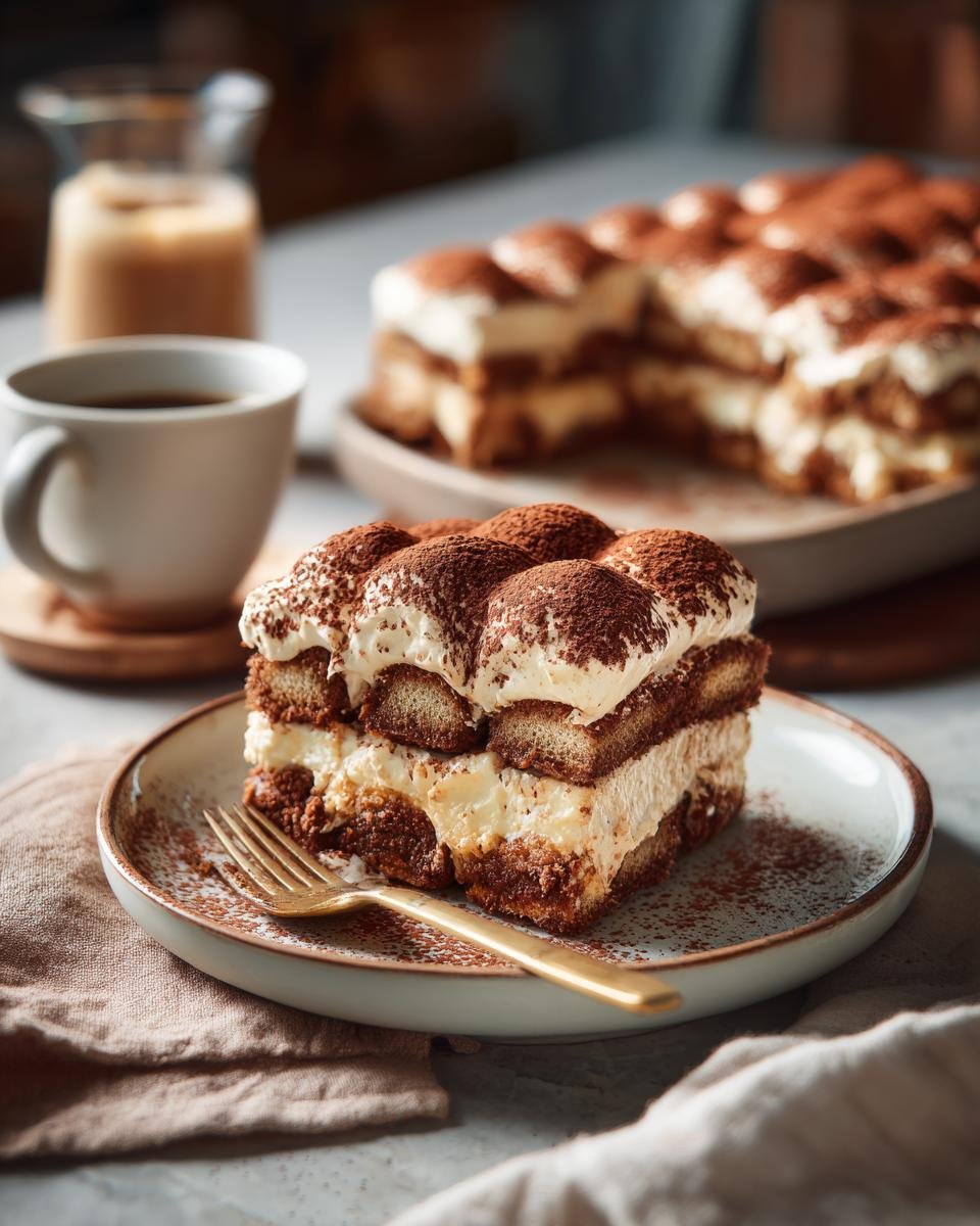 Gros plan d'une part de Tiramisu Biscoff sur une assiette, avec une tasse de café et un pichet de crème en arrière-plan.