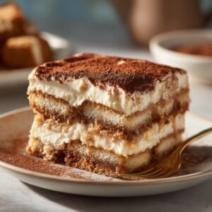 Gros plan sur une part de Tiramisu Biscoff recette, avec couches de biscuits, crème et cacao.