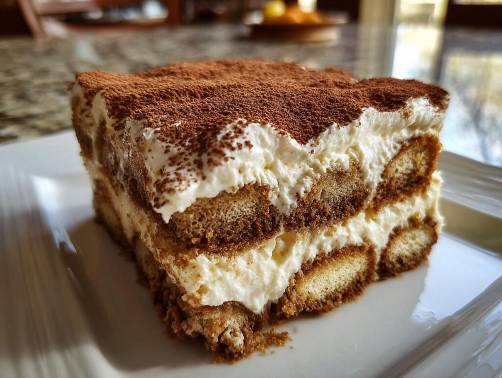 Gros plan d'une part de Tiramisu Biscoff sur une assiette blanche, saupoudrée de cacao.