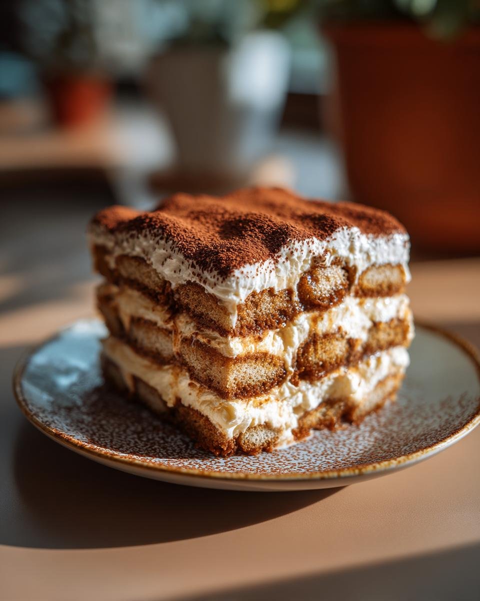 Gros plan d'une part de Tiramisu Biscoff crémeux, saupoudré de cacao.