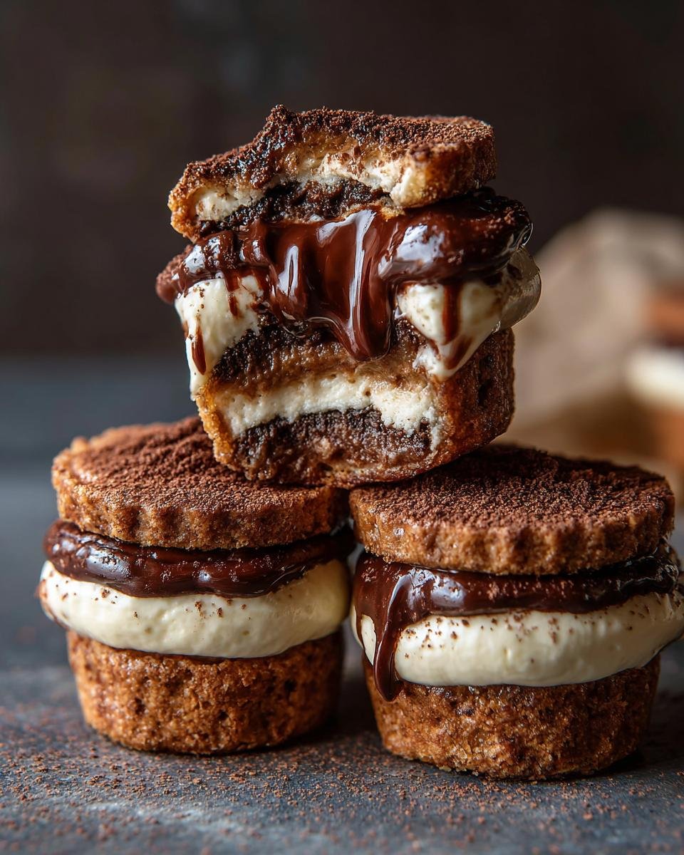 Gros plan sur des Tiramisu Cookie Cups empilés, garnis de crème au mascarpone, chocolat et cacao.