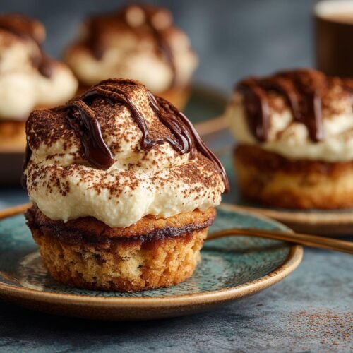 Gros plan sur des Tiramisu Cookie Cups avec une garniture crémeuse, du cacao et un filet de chocolat.