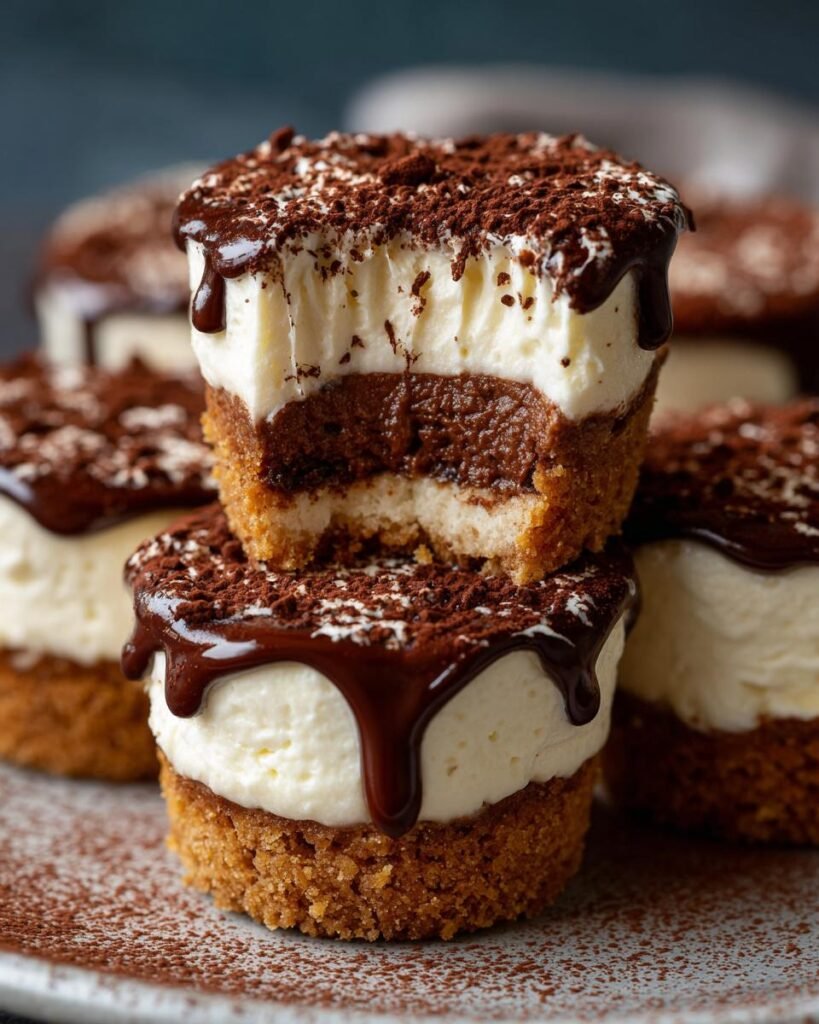 Gros plan sur des Tiramisu Cookie Cups, avec une couche de crème, de mousse au chocolat et saupoudrées de cacao.