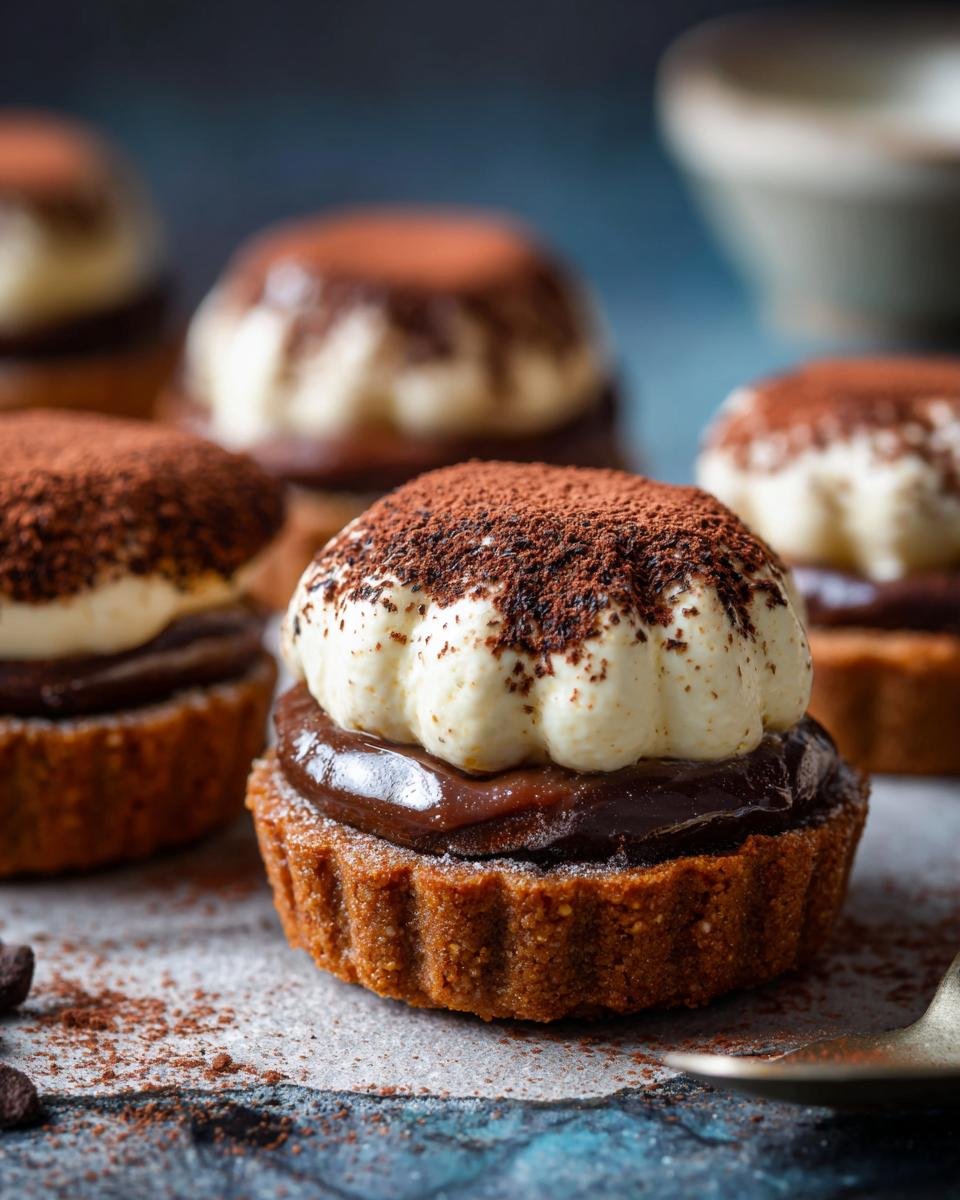 Gros plan sur des Tiramisu Cookie Cups individuels, garnis de crème et de cacao.