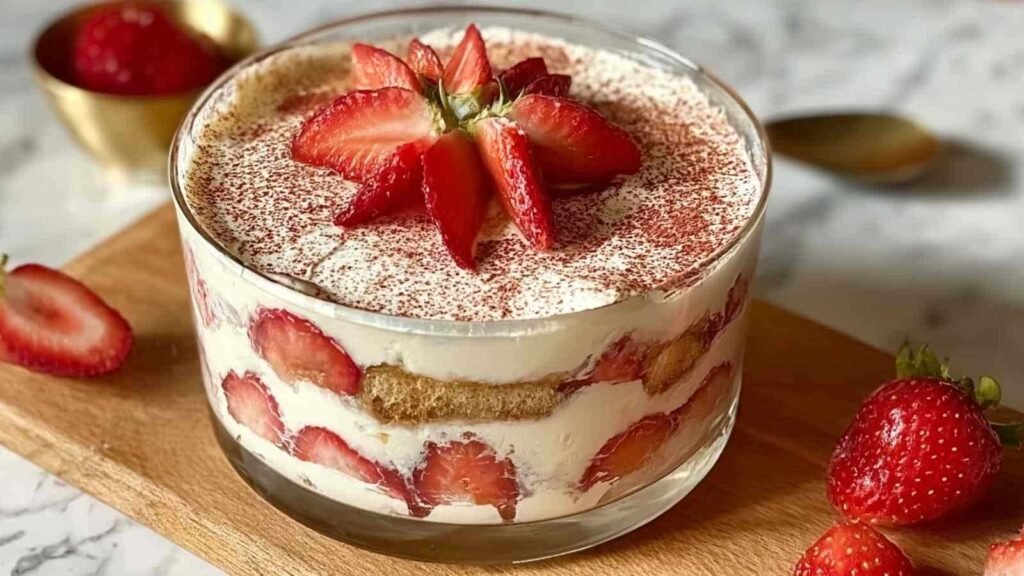 Tiramisu Fraise Amaretto fait maison dans un plat de service