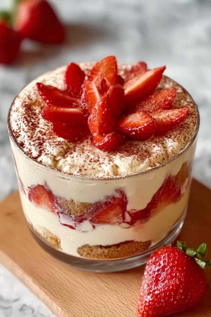 Tiramisu aux fraises et amaretto dans un plat rectangulaire