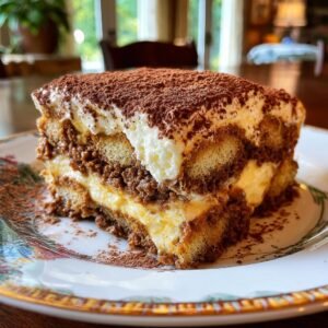 Gros plan d'une part de tiramisu au fromage cottage crémeux, saupoudrée de cacao.