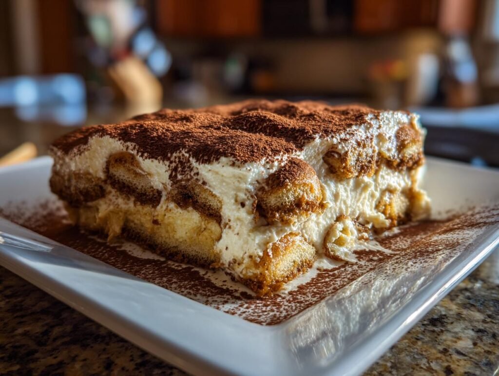 Gros plan d'une part de tiramisu au fromage cottage, saupoudrée de cacao.