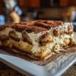 Gros plan d'une part de tiramisu au fromage cottage, saupoudrée de cacao.