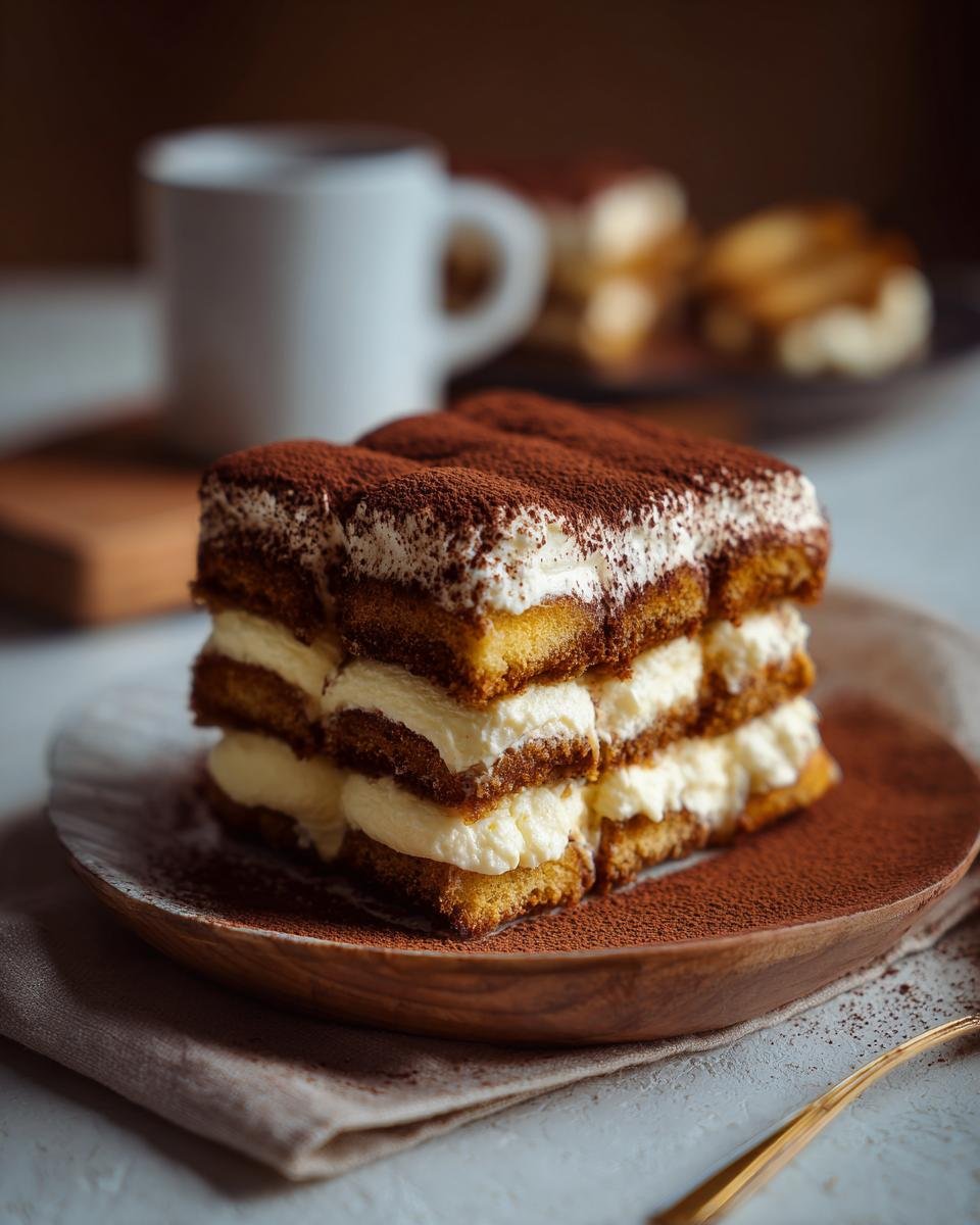 Gros plan d'une part de tiramisu au fromage cottage, saupoudrée de cacao, sur une assiette en bois.