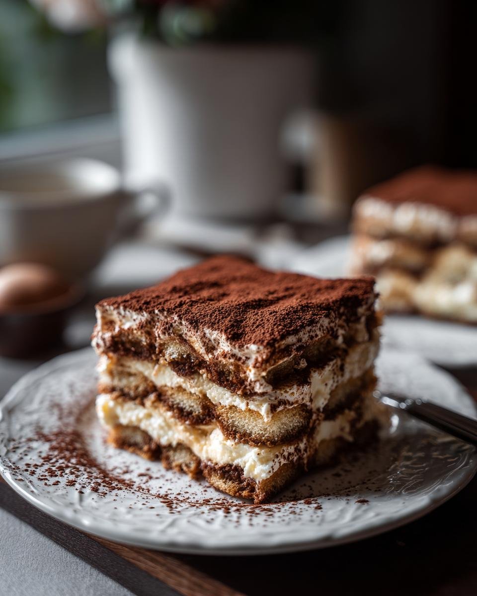 Gros plan d'une part de tiramisu au fromage cottage, saupoudrée de cacao, sur une assiette.