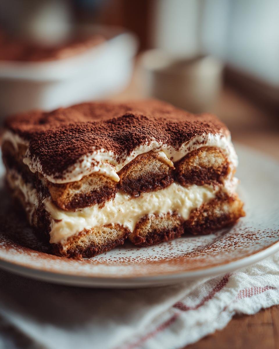 Gros plan d'une part de tiramisu au fromage cottage, garnie de cacao en poudre.