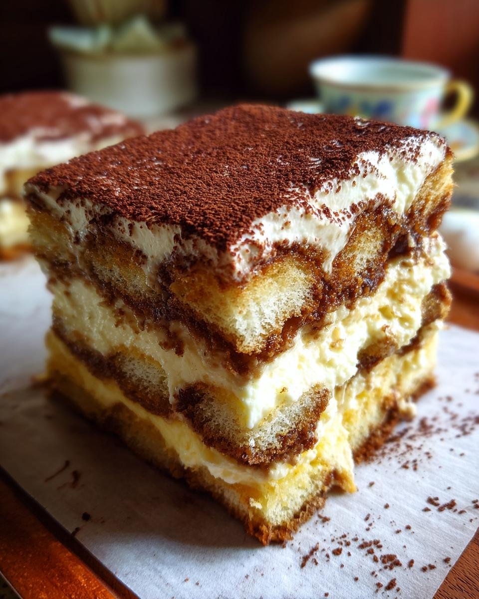Gros plan d'une tranche de tiramisu au fromage cottage, garnie de cacao en poudre.