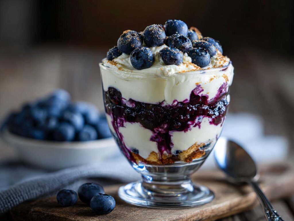Gros plan d'un tiramisu aux myrtilles sans œuf en coupe, avec couches de crème, myrtilles et biscuits.