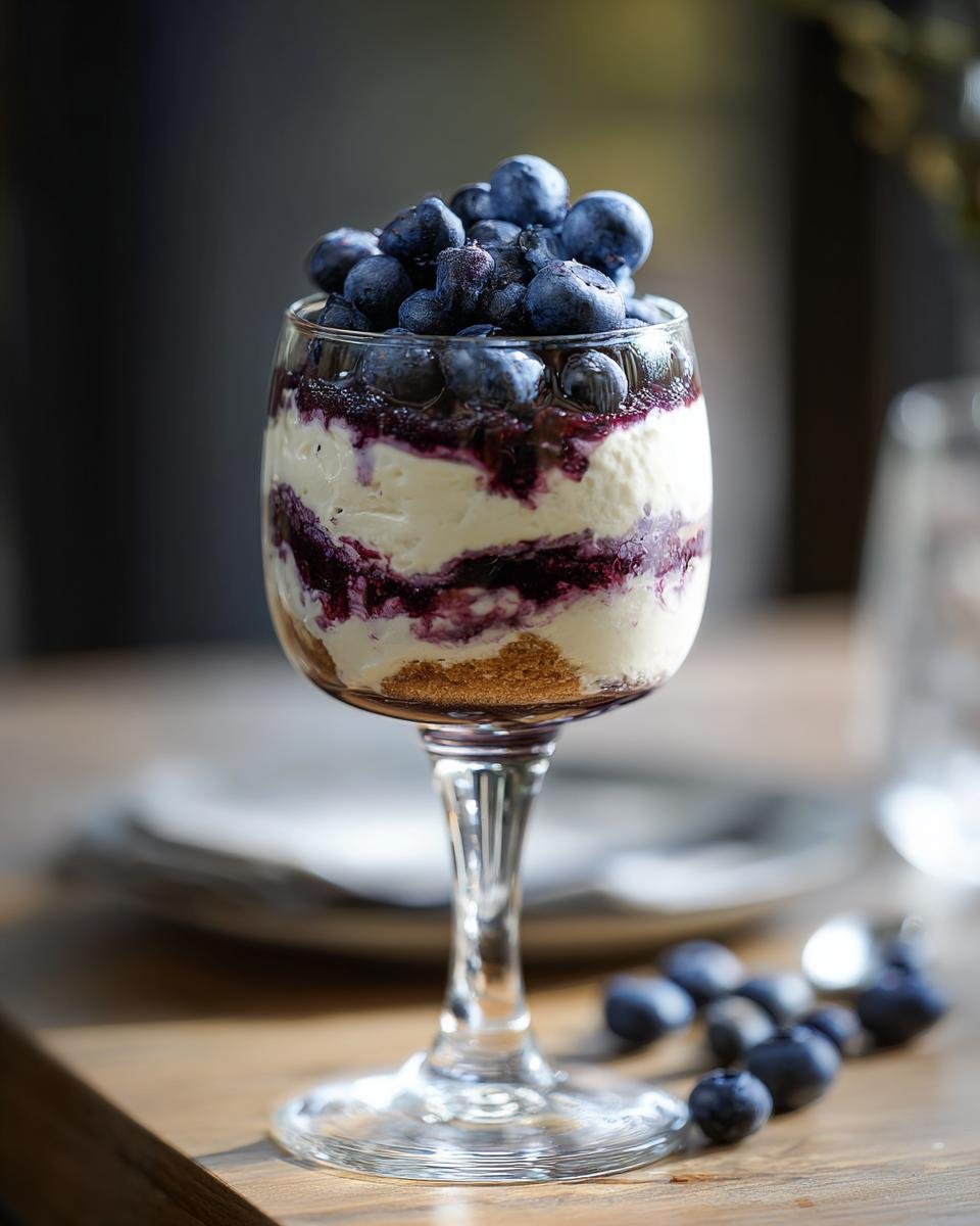Gros plan d'un tiramisu aux myrtilles sans œuf en couches dans un verre, garni de myrtilles fraîches.