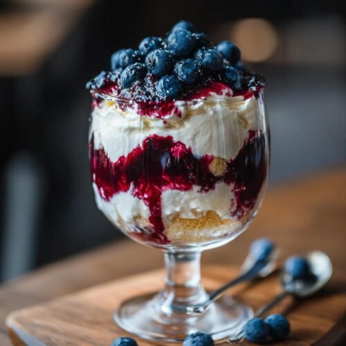 Gros plan d'un tiramisu aux myrtilles sans œuf dans un verre, avec des couches de crème, de biscuits et de coulis de myrtilles.