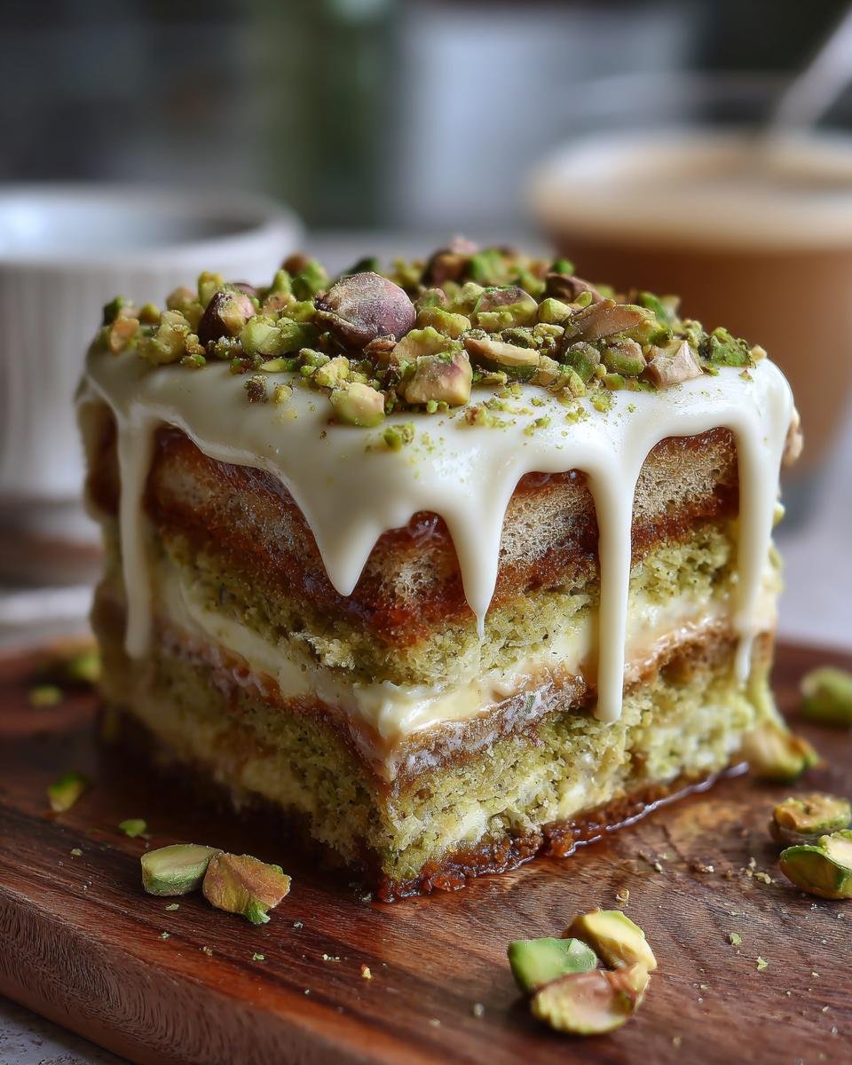 Gros plan d'une part de tiramisu à la pistache, garnie de pistaches concassées et d'un glaçage blanc.