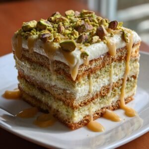 Gros plan d'une part de tiramisu aux pistaches, garnie de crème, de pistaches concassées et d'un coulis caramel.