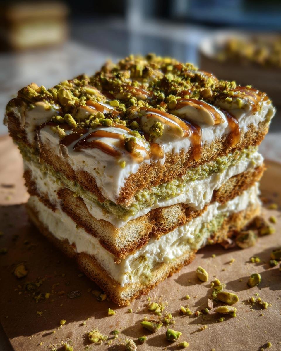 Gros plan d'une tranche de tiramisu aux pistaches, garnie de pistaches concassées et de sauce caramel.