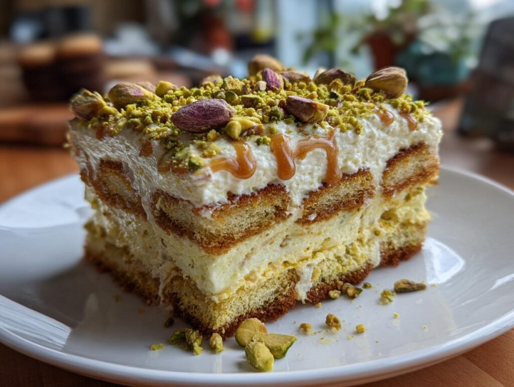 Gros plan d'une tranche de tiramisu aux pistaches, garnie de pistaches concassées et d'un filet de caramel.