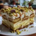 Gros plan d'une tranche de tiramisu aux pistaches, garnie de pistaches concassées et d'un filet de caramel.