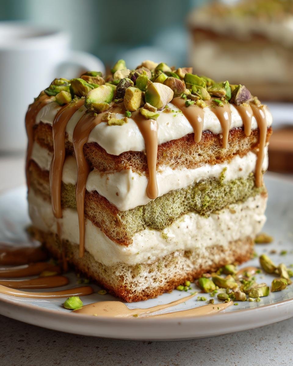 Gros plan d'une tranche de tiramisu aux pistaches, garnie de pistaches concassées et de sauce caramel.