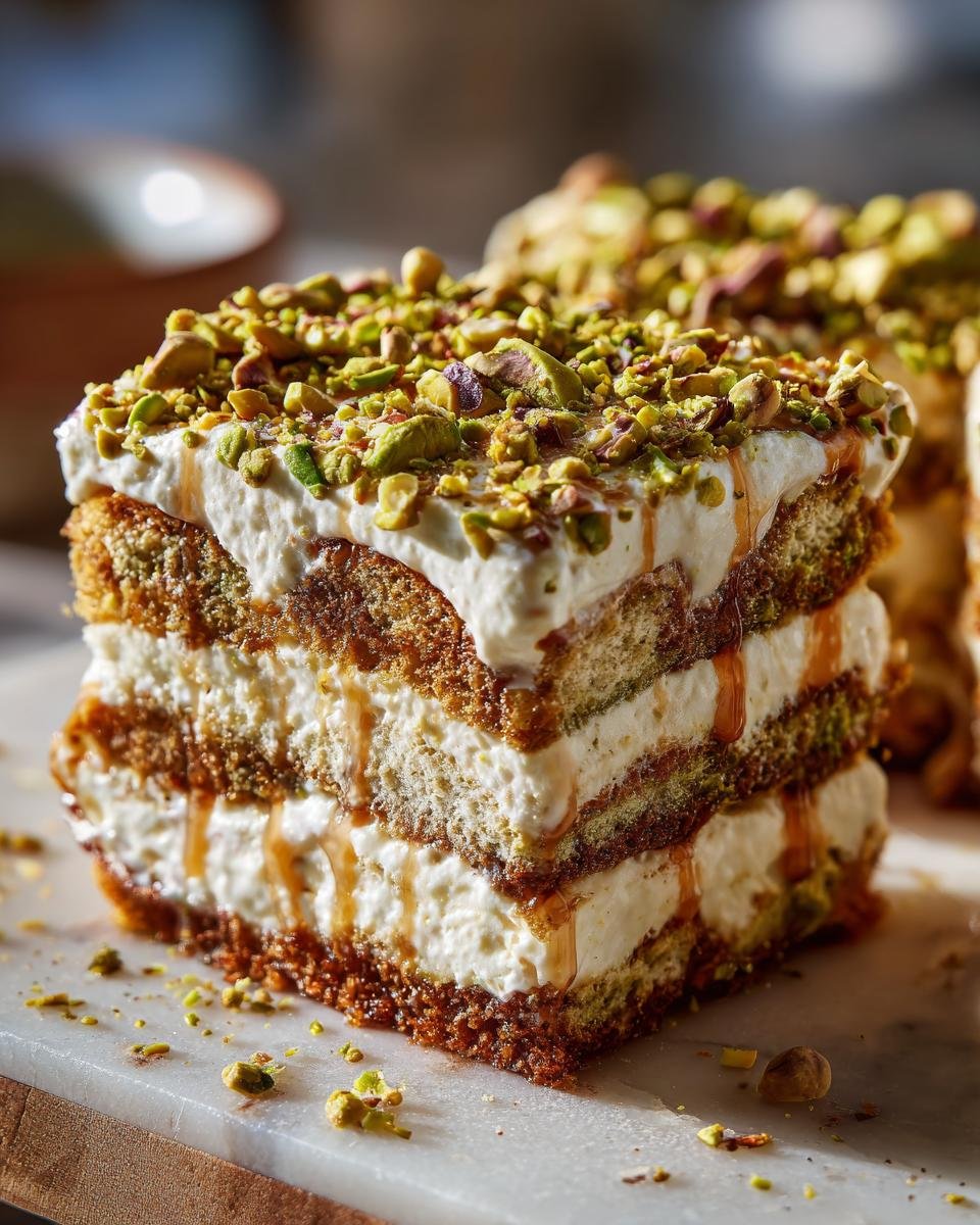 Gros plan d'une tranche de tiramisu aux pistaches, garnie de crème, de pistaches concassées et de filet de caramel.