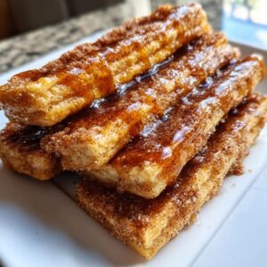 Gros plan de Toffee aux Crackers Churros enrobés de sucre et de cannelle, avec un glaçage brillant.
