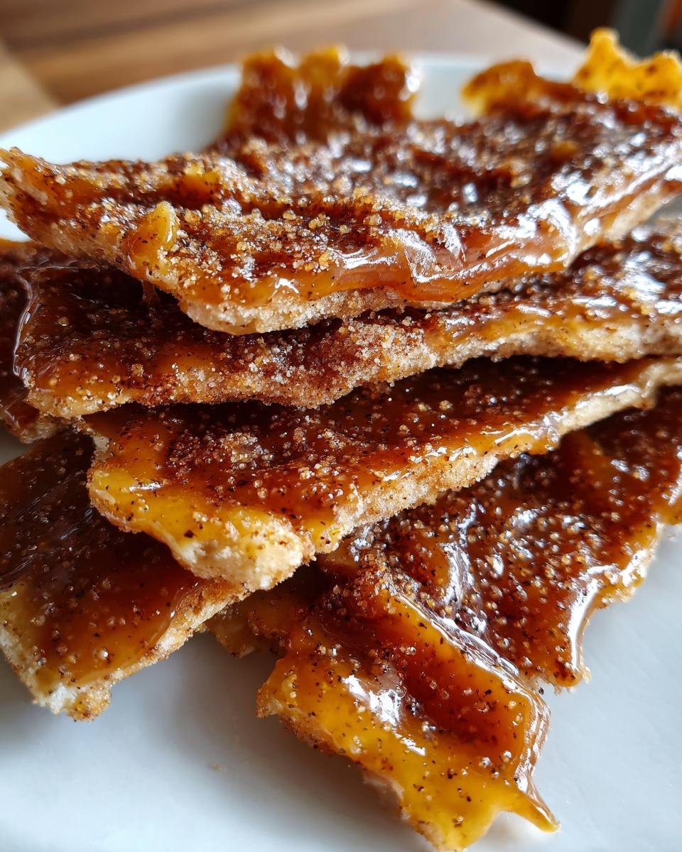Gros plan de toffee aux crackers churros empilés, recouverts d'un glaçage brillant et de sucre à la cannelle.