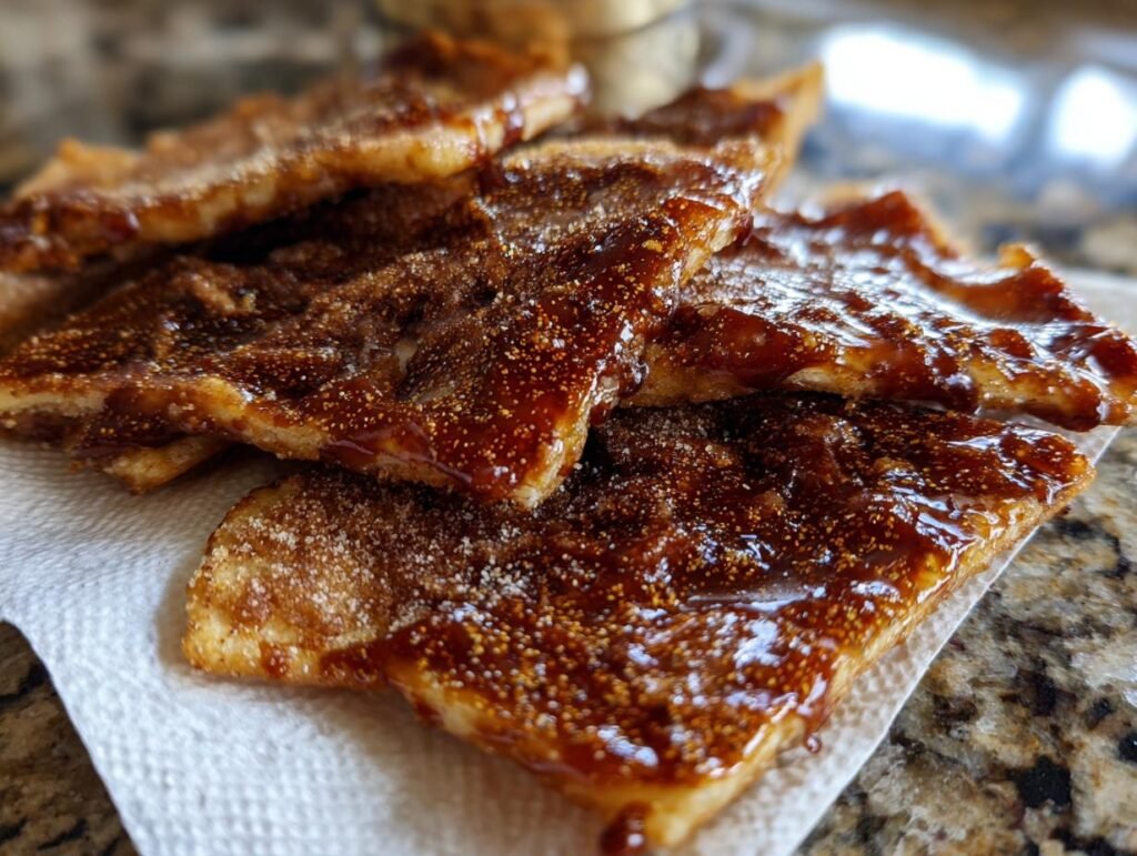 Gros plan de toffee aux crackers churros, saupoudré de cannelle et de sucre, sur une serviette en papier.