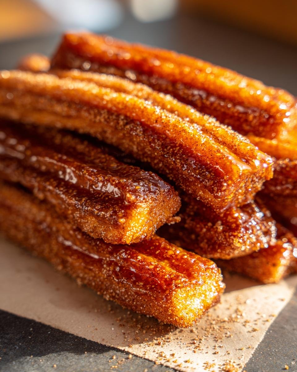 Gros plan sur une pile de Toffee aux Crackers Churros, enrobés de sucre et de cannelle, brillants et appétissants.