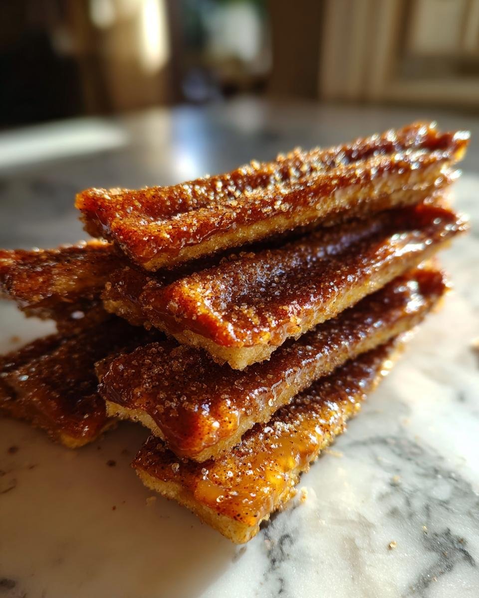 Pile de Toffee aux Crackers Churros, brillants et saupoudrés de sucre et de cannelle.
